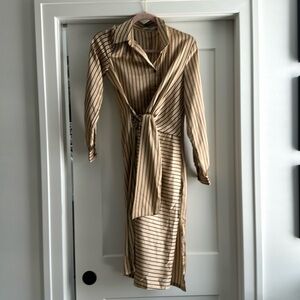 Gold and black striped tie front midi dress